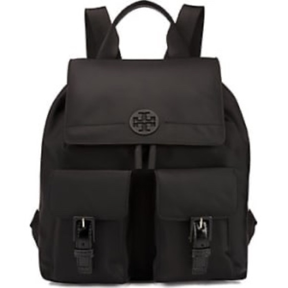 Tory Burch Quinn Nylon Flap Backpack (Black)